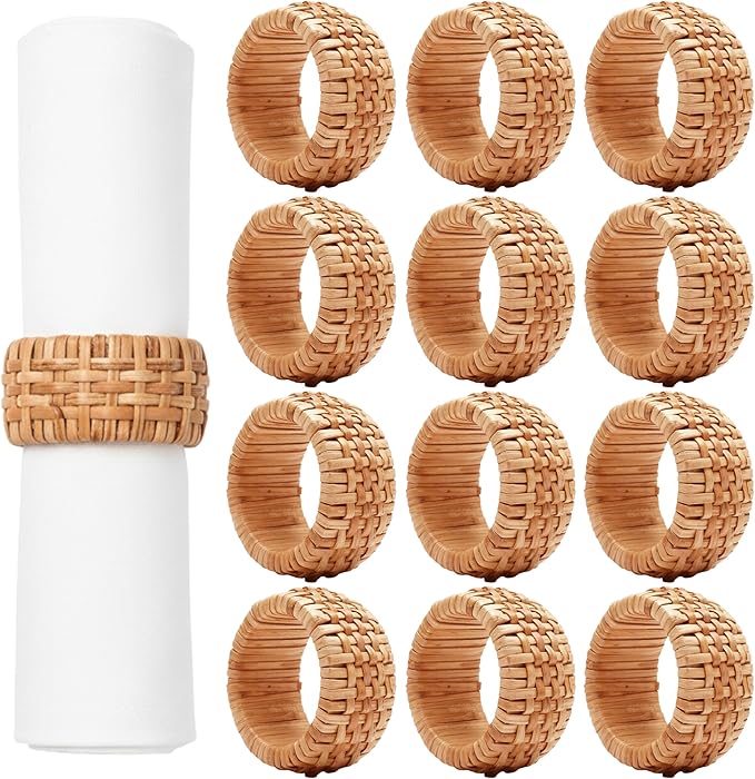 ALPHA Living HOME Natural Rattan Napkin Rings Set of 12 - Handcrafted Cane Serviette Holders for Table Decor, Weddings, Parties, Dinners, Rustic Boho Style Napkin Rings Set (Brown)