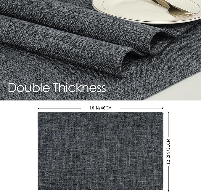 Cloth Placemats Set of 8, Linen Type Fabric Placemats Black Table Mat Set of 8, Machine Washable Rustic Place Mats Heat Resistant Placemats Thick Polyester Kitchen Place Mats for Dining Table