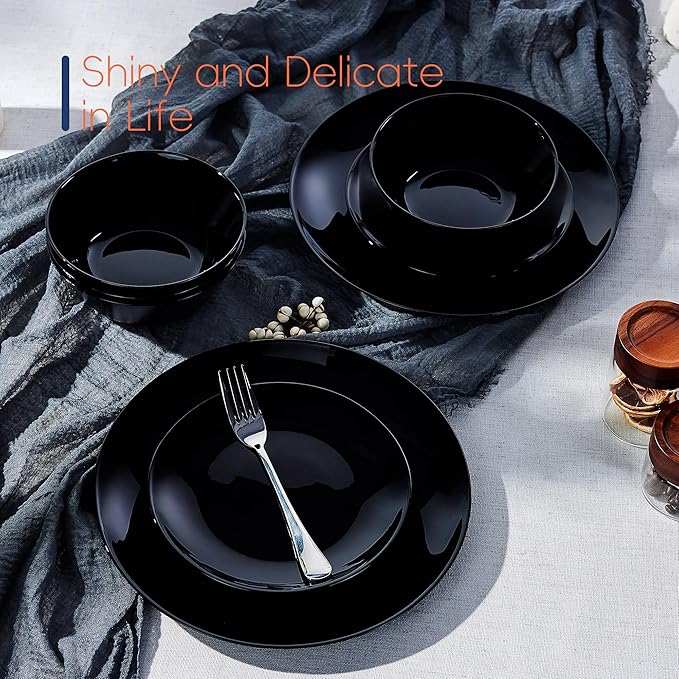Dinnerware Sets for 4, LaGlint 12 Pieces Opal Glass Plates and Bowls Set, Dishwasher and Microwave Safe Dish Dinning Ware, Chip and Scratch Resistant Dishware Black