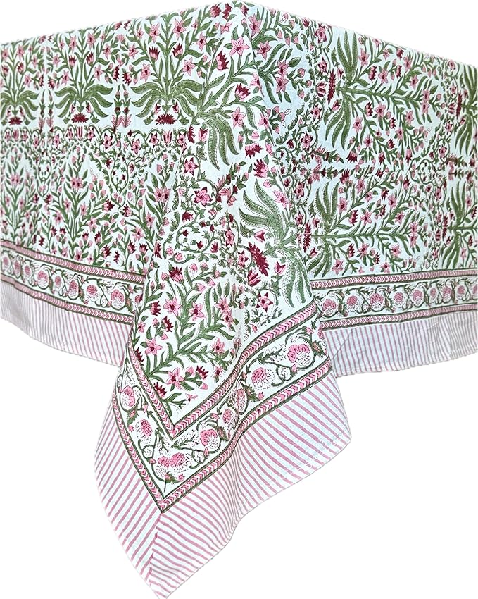 ATOSII Nargis Pink 100% Cotton Rectangle Spring Tablecloth, Handblock Floral Print Linen Table Cloth for Kitchen Dining I Parties, Outdoors, Weddings, Summer I 72 X 108 Inches I 8 Seater
