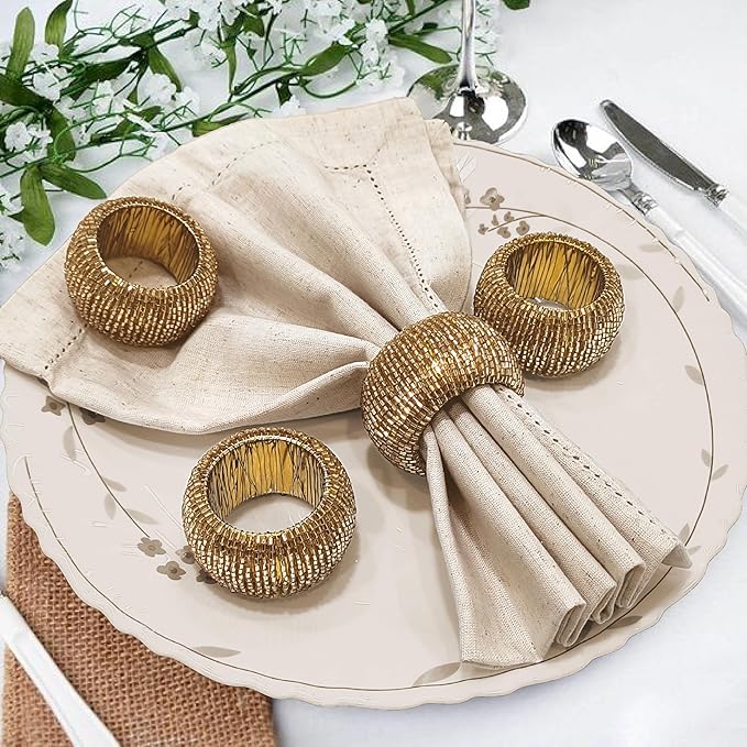 Napkin Ring Gold, Napkin Rings Set of 12, Beaded Napkin Holders, Round Napkin Rings Bulk for Christmas Party Decoration, Dinning Table, Everyday, Family Gatherings - Set Your Table with Style - Gold