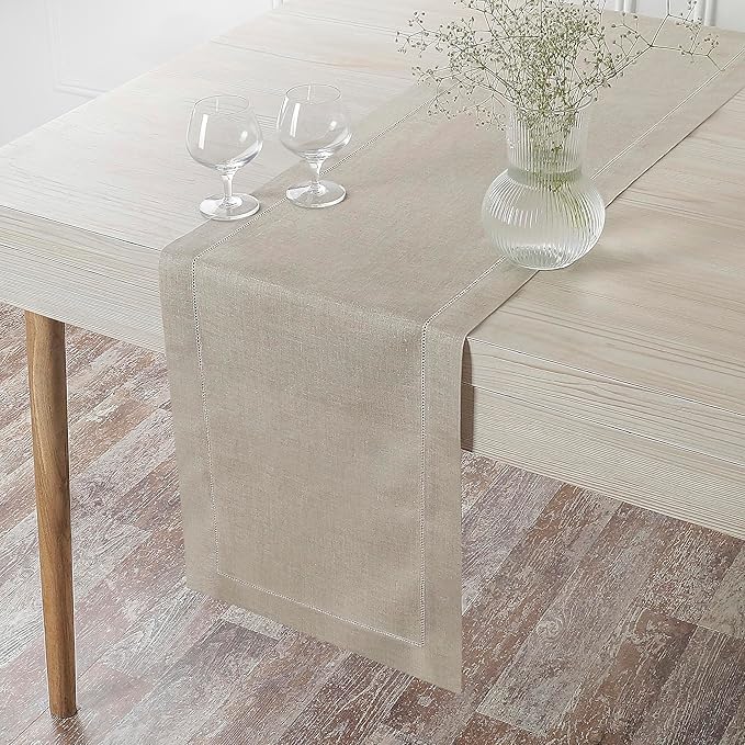 D'Moksha Homes Linen Natural Table Runner 120 Inches Long - 100% Pure Linen Hemstitch 14 x 120 Inch Table Runner for Dining, Valentines, Spring, Easter - Classic Hemstitch