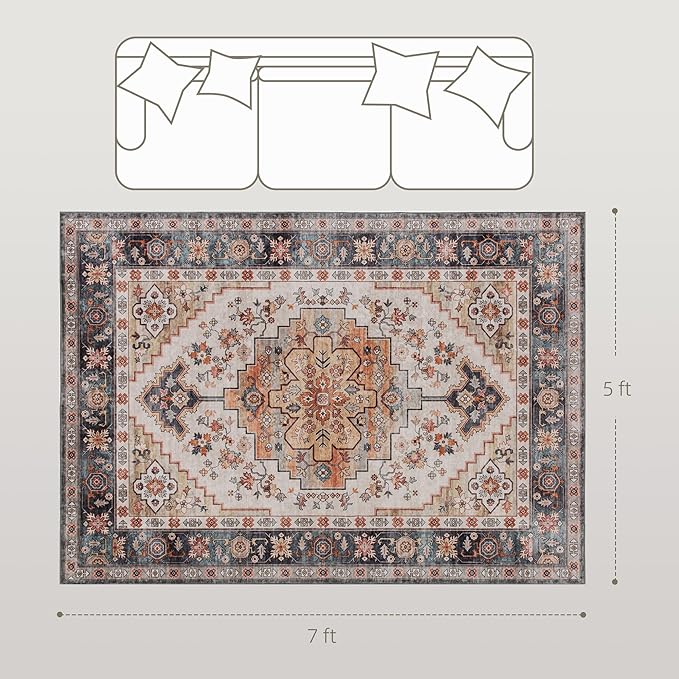 HOMCOM Washable Area Rug, 5'x7' Vintage Indoor Distressed Carpet, Retro Floor Cover Foldable, Floral Print Mat for Living Room, Bedroom, Dining Room, Tawny Brown