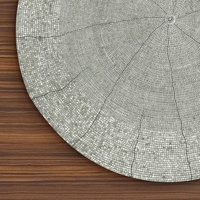 Lightnpro Beaded Placemats Set of 4 - ound Farmhouse Charger Mats - Handcrafted Decorative Glitz Table Placemats for Dinner Parties, Holidays, Weddings & Elegant Dining Décor - 13 Inch Silver
