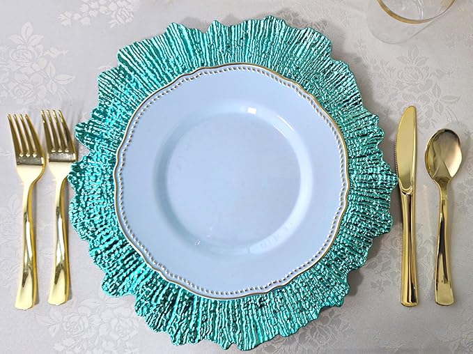 " OCCASIONS " 240 Plates Pack,(120 Guests) Heavyweight Premium Disposable Plastic Plates Set -120 x 10.25'' Dinner + 120 x 7.5'' Salad/Dessert (Rochelle Blue and Gold)