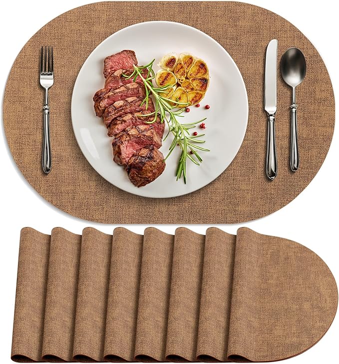 Placemats Set of 8 - Washable Heat Resistant Table Placemats - Wipeable Faux Leather Oval Place Mats, Waterproof Table Mats for Dining Table, Brown