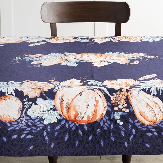 Maison d' Hermine Table Cloth Rectangle Table 100% Cotton 70 x 108 Inches Fall Tablecloth Reusable Everyday Use for Thanksgiving Christmas Decorations Dining Farmhouse Party (Pumpkin Blues)