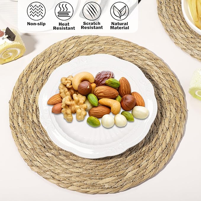 Elcoho 40 Pieces Round Woven Placemats 13.8 Inch Boho Rattan Placemats Farmhouse Braided Place Mats Woven Plate Chargers Rustic Wicker Table Mats for Dining Table