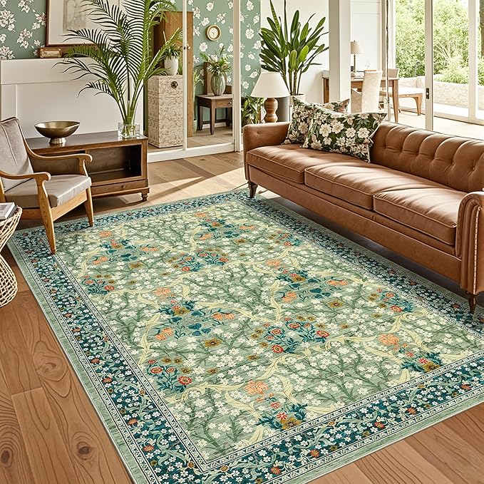 GarveeHome Floral Area Rugs 5x7, Sage Green Washable Rug for Living Room, Bedroom, Low Pile Non Slip Stain Resistance Indoor Boho Carpet Mat for Farmhouse, Dining Room, Office