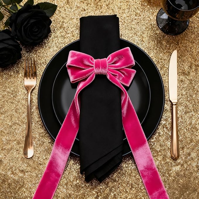 Bow Napkin Rings Set of 6 Luxury Soft Hot Pink Velvet Napkin Holders, Elegant Bow Design for Christmas Holiday Dinner Wedding Party Table Decor