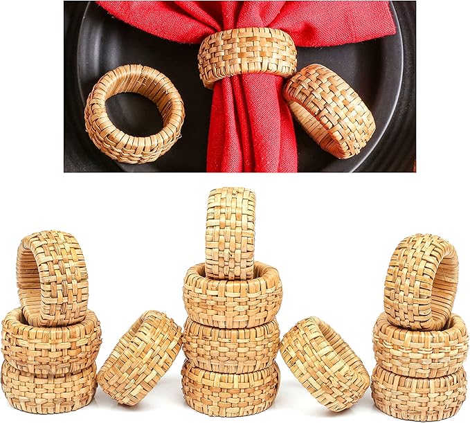 Lightnpro Natural Rattan Decorative Napkin Rings Set of 12, Serviette Napkin Rings Bulk for Party Decoration, Table Top Décor for Dinning Table, Everyday, Christmas, Easter Family Gatherings