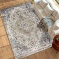 HOMCOM Washable Area Rug, 8'x10' Vintage Indoor Distressed Carpet, Retro Floor Cover Foldable, Floral Print Mat for Living Room, Bedroom, Dining Room, Brown and Green