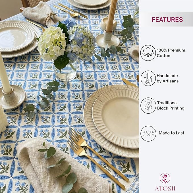 ATOSII Cotton Tablecloth Netta Blue 72" X 140" Inches