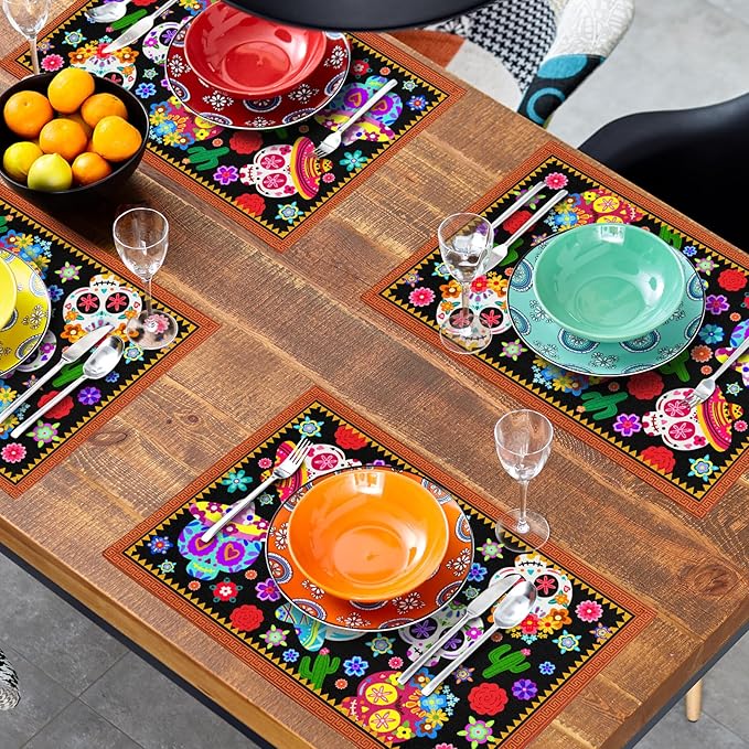 Mexican Placemats Set of 4 - Colorful Floral Skull Table Place Mats 12x18 for Indoor Outdoor Kitchen Dining Table
