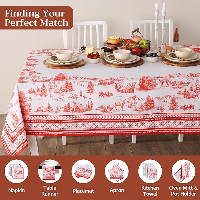 Maison d' Hermine Table Cloth Rectangle Table 100% Cotton 60 x 90 Inches Fall Tablecloth Reusable Everyday Use for Thanksgiving Christmas Decorations Dining Farmhouse Party (Winter Jouy)