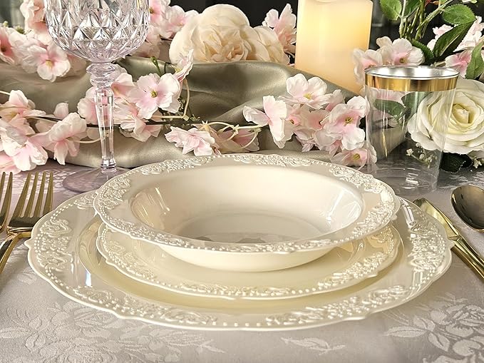 " OCCASIONS " 50 Plates Pack (25 Guests) Vintage Wedding Party Disposable Plastic Plate Set -25x10.25'' Dinner +25x7.5'' Salad/Dessert plates (Portofino Plain Ivory)