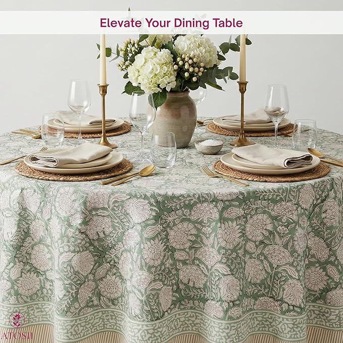 ATOSII Jade 100% Cotton Boho Round Tablecloth, Block Print Floral Table Cloth Linen for Dining, Parties, Weddings, Outdoors I Table Decor 90" Inches I