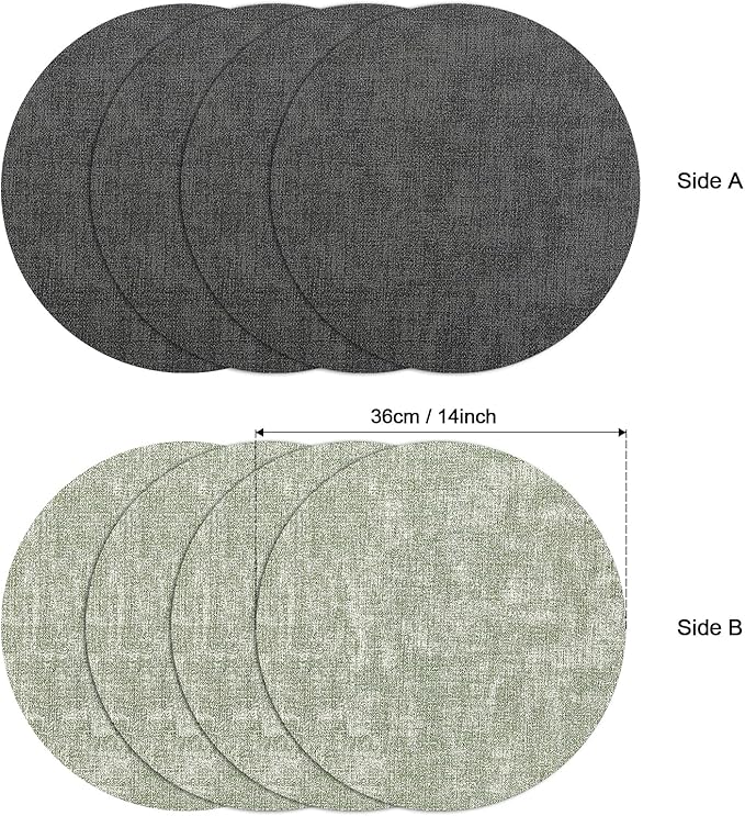 Myir JUN Round Placemats Dual Sided, Faux Leather Place Mats Set of 6 Indoor Placemat for Dining Table Outdoor Place mat Non-Slip Washable Table Mats (Gray Grass Green, Set of 6)