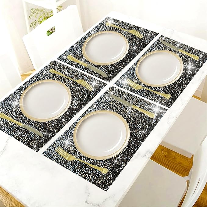 Black Square Placemats - Heat Resistant Mat Set of 2 with Rhinestone Decor and Sparkly Bling