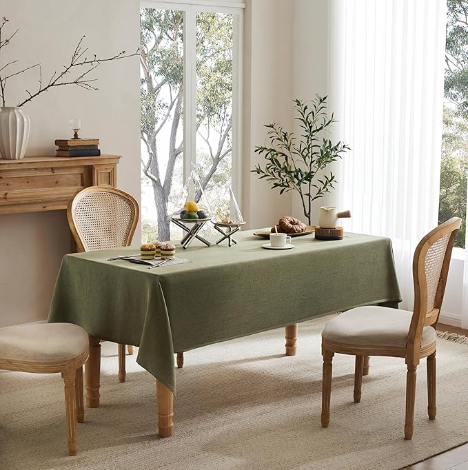Linen Tablecloth for Rectangle Table, 60x84 Inch Olive, Farmhouse Style Green Tablecloth, Water Resistant Burlap Tablecloths for Dining Table Farmhouse Kitchen