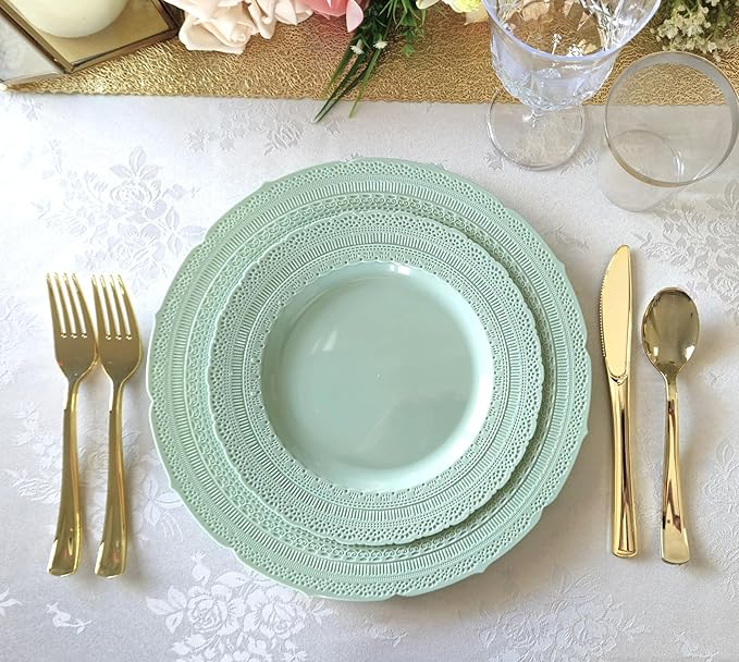 " OCCASIONS " 200pcs set (25 Guests)-Extra Heavyweight Vintage Wedding Disposable/Reusable Plastic Plates -25x 11'' + 25x 8.25''+Silverware+Cups+Napkins (Chateau in Mint)