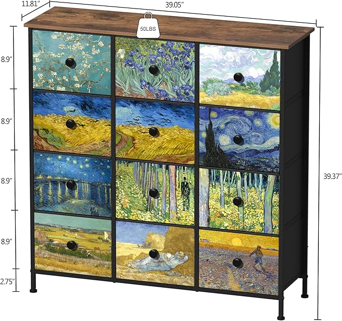 EXOTICA Dresser for Bedroom with 12 Drawers Tall Dresser & Chest of Drawers Fabric Dressers Storage Tower for Living Room Closet Hallway with Wooden Top and Metal Frame