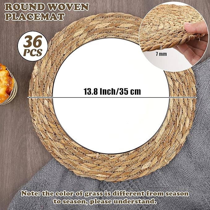 Kochorie Set of 36 Round Woven Placemats 13.8 Inch Bulrush Placemats Natural Handwoven Boho Rattan Wicker Table Mats for Farmhouse & Home Dining