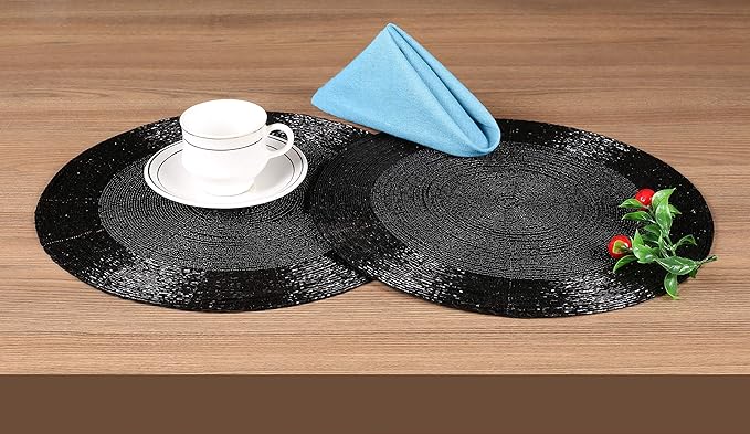 Lightnpro Round Black Beaded Placemats Set of 4 - Handcrafted Decorative Table Chargers - Elegant Farmhouse Table Mats for Dining, Holiday Dinner, Parties, Wedding & Home Décor - 13 Inch Black