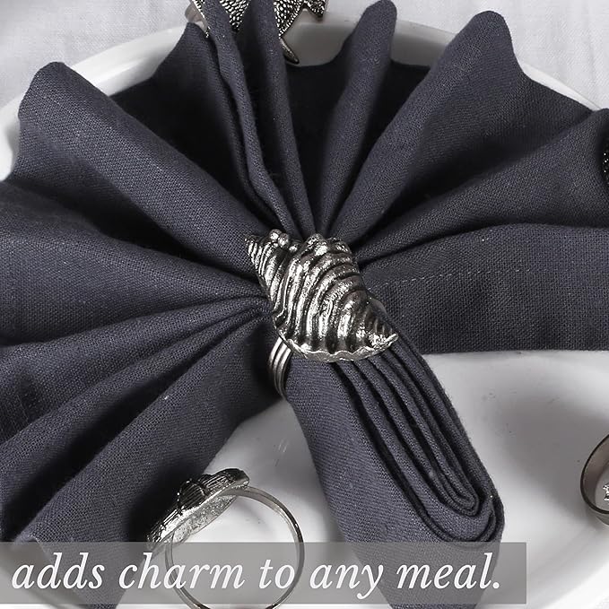 ALPHA Living HOME Napkin Rings Set of 12, Premium 100% Metal, Rust-Resistant Tabletop Décor - Antique Coastal Sea Shell Napkin Holdersfor Family Dinner, Wedding, Party, Decorations - Antique Silver