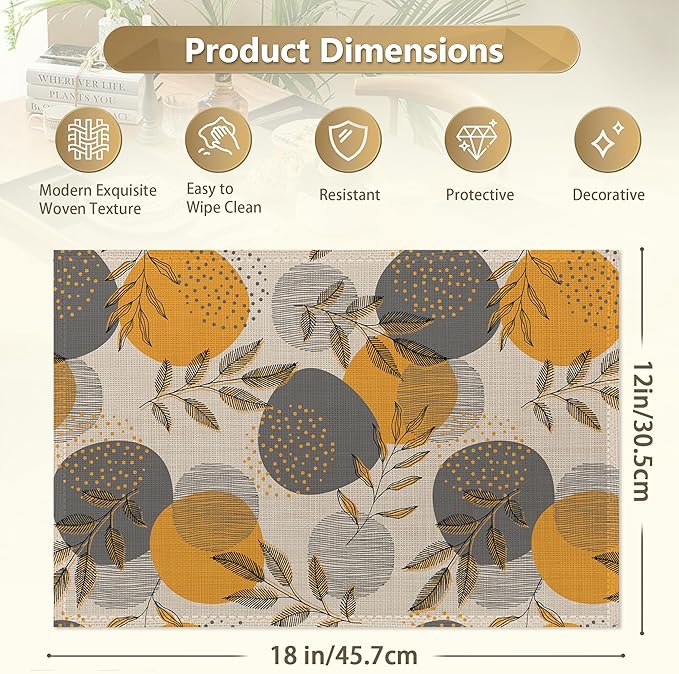Leaves Place Mats Set of 6, Stripes and Dots Table Mats,Heat Insulation Non Slip Washable Dining Placemats for Wedding Holiday Party Kitchen Decor 12X18 in