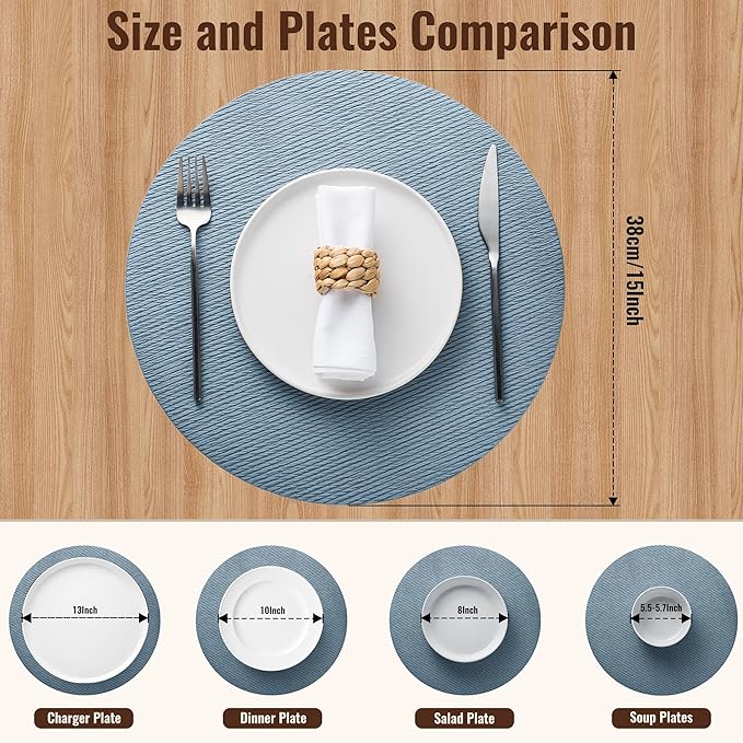Jovono 15" Faux Leather Big Round Placemats Set of 8 - Washable Heat Resistant Non-Slip Dining Table Mats with Fabric Texture for Kitchen Home Party Decor, Light Blue