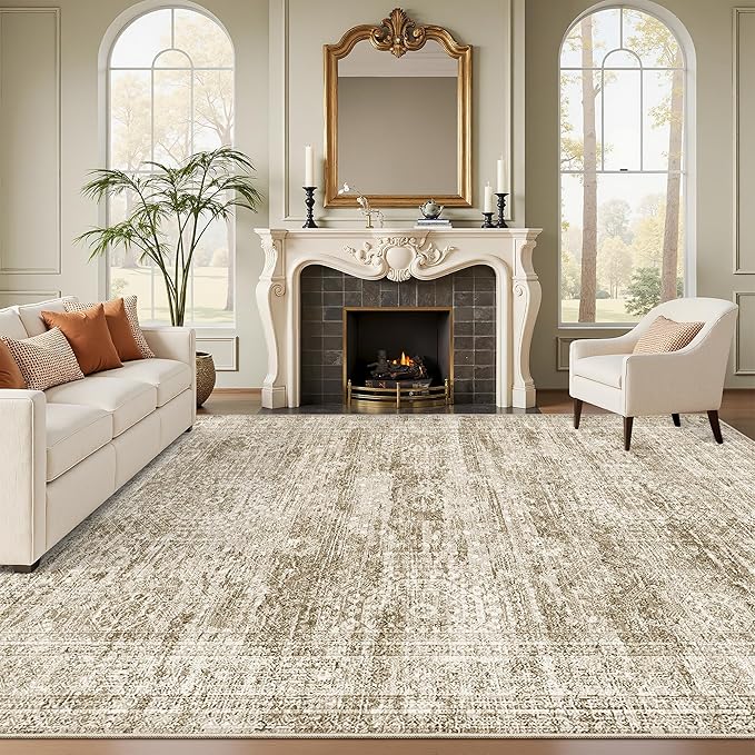 12x15 Washable Area Rug Brown Neutral Abstract Living Room Large Carpet Non Slip Bedroom Indoor Office Dining Room Low Pile Thin Rug