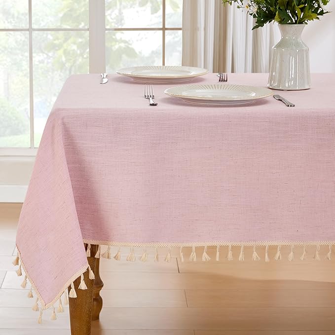 JIALE Valentines Textured Tablecloth, Heavy Duty Linen Style Farmhouse Table Cloth Rectangle Table, Wrinkle-Free Washable Waterproof Table Cover for Kitchen, Dining, Parties, 55"x106", Pink