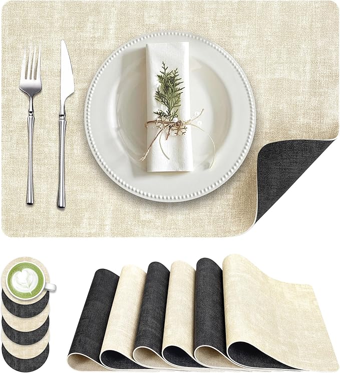 Placemats Set of 6, Faux Leather Heat Resistant Wipeable Placemats, Dual Sided Waterproof Washable Table Mats with Coaster, Suitable for Kitchen, Dining, Table Decor (6, Black Beige)