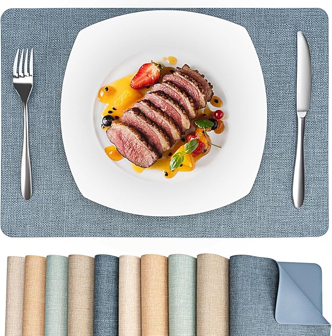 Heat Resistant Placemats Set of 4, 17x12in Waterproof Wipeable Faux Leather Non Slip Table Mats, Easy to Clean, Stain Resistant, for Kitchen Dining Room– Charcoal Blue