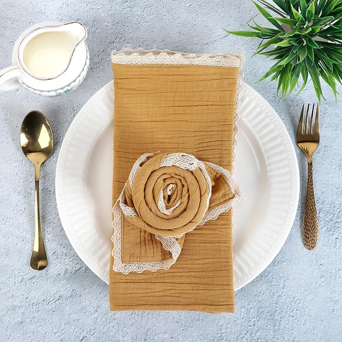 FINGERCRAFT Dinner Cloth Napkin Cotton Muslin Double Gauze 4 Pack with Classic Lace for Everyday Use, Wedding, Party, Christmas, Easter Napkins Cloth are Pre Shrunk and Good Absorbency Gold