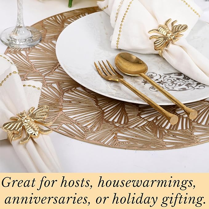 CLEENTABLE Elegant Bee Napkin Rings Set of 12 - Decorative Metal Napkin Rings Holiday Napkin Holders for Table Settings, Special Occasions, Decor & Gift Giving Ideas (Gold)