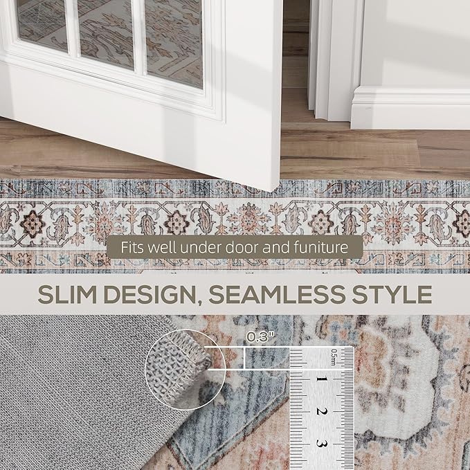 HOMCOM Washable Area Rug, 5'x7' Vintage Indoor Distressed Carpet, Retro Floor Cover Foldable, Floral Print Mat for Living Room, Bedroom, Dining Room, Brown and Light Blue