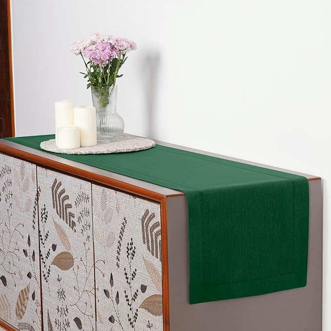 D'Moksha Homes Linen Forest Green Table Runner 90 Inches Long - Classic Hemstitch 100% Pure Linen Dining Table Runner 14 x 90 Inch for St Patricks Day, Easter