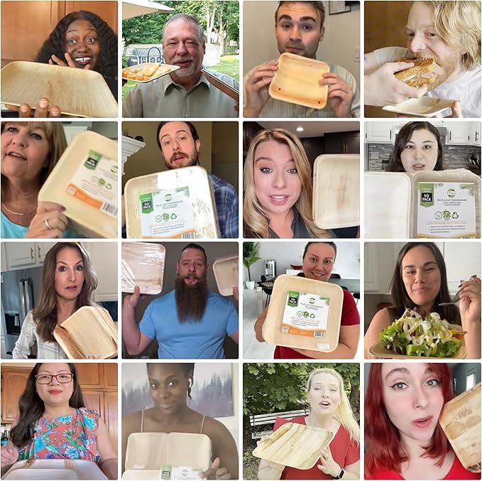 Raj Palm Leaf Plates Bulk [50-Pack] 10" Square Plates (2 CASES - 100 PACK) like Bamboo plates Disposable, Strong, Decorative Compostable Tableware for weddings, Lunch, Dinner, Birthday, Camping