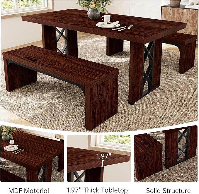 3-Piece Dining Table Set for 6 People, 70.8'' Rectangle Kitchen Table with 2 Benches for Breakfast Nook, Dining Room Furniture(Walnut Table+2 Benches)