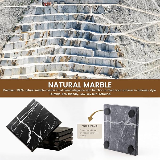 Natural Marble Coasters, Square Costers, Luxury Aesthetic Modern Decor for Coffee Table Bar Kitchen Home, Black Marble, Real Natural Semi Absorbent Stone Coasters