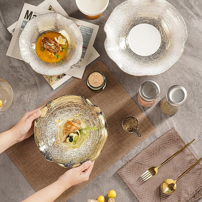 8.5-Inch Lotus Edge Ceramic Bowl, Gradient Gold Design Soup Bowl with Wavy Rim, 21.5cm Food-Safe Porcelain for Dining & Gifting