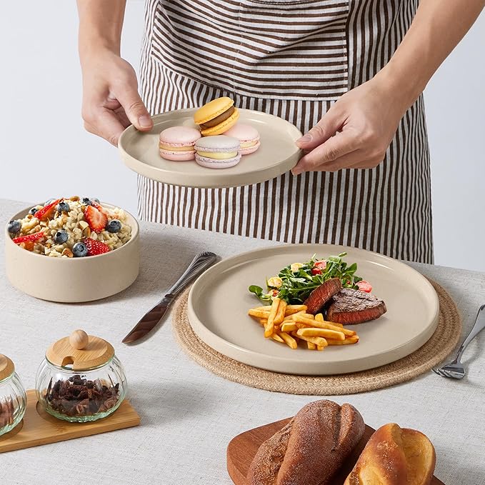 E-far Dinnerware Sets with Pasta Bowls, 24-Piece Stoneware Plates and Bowls Sets for 6 | Microwave & Dishwasher Safe Kitchen Modern Dish Set, Speckled Khaki