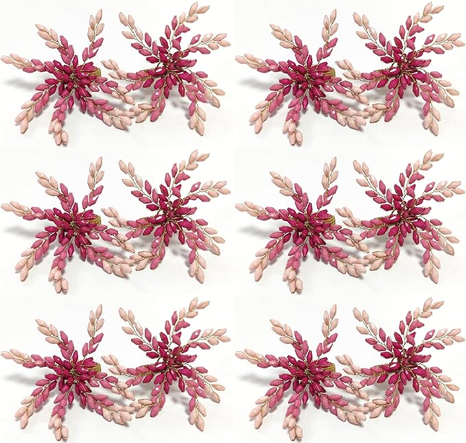Pink Gold Beaded Napkin Ring - Set of 12 - Beautiful Leaves Design Perfect for Dinner Table Décor/Farmhouse/Mothers Day/Christmas/New Year Party/Easter/Family Gathering/Halloween & Everyday Use