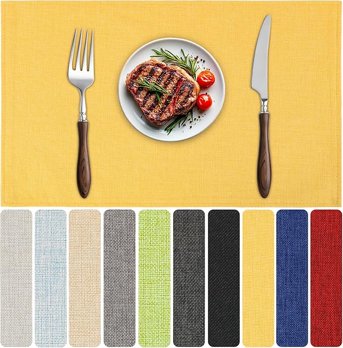 Blue Forest Placemats Set of 6, Dual-Layered Thickened Faux Linen Table Mats Heat Resistant Machine Washable Wrinkle Free Place Mats for Kitchen Dining Outdoor/Indoor (Bright Yellow)