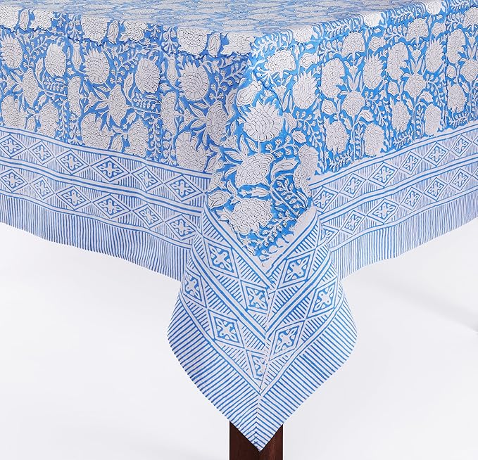 ATOSII Azora Blue 100% Cotton Rectangle Fall Tablecloth, Handblock Floral Print Linen Table Cloth for Kitchen Dining I Parties, Outdoors, Christmas, Thanksgiving I 72 X 120 Inches I 10 Seater