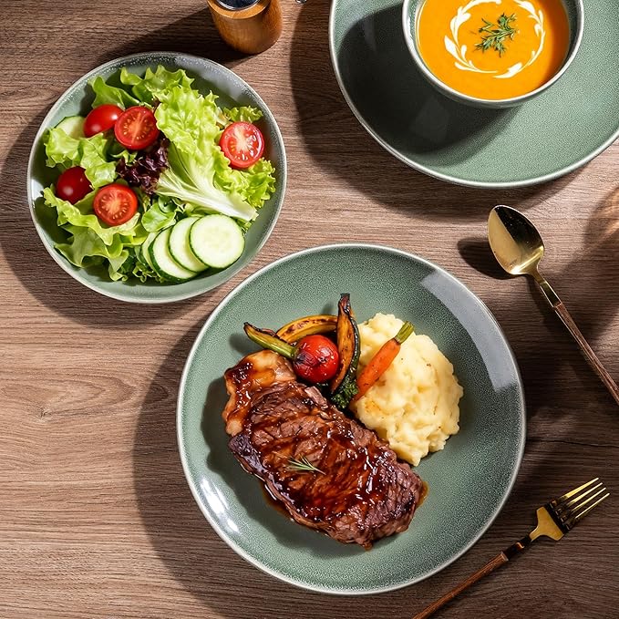 AmorArc Ceramic Dinnerware Sets for 6, 18 Pieces Handpainted Plates and Bowls Set, Scratch Resistant Stoneware Dishes Set, Dishwasher & Microwave Safe, Jade Green