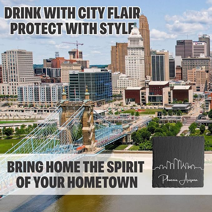 Blue Ridge Mountain Gifts - Phoenix AZ Skyline Coasters, Set of 4 - Phoenix Arizona Souvenir, Slate Coasters with Minimalist Skyline, Housewarming Gift for Friends, Family, & Neighbors