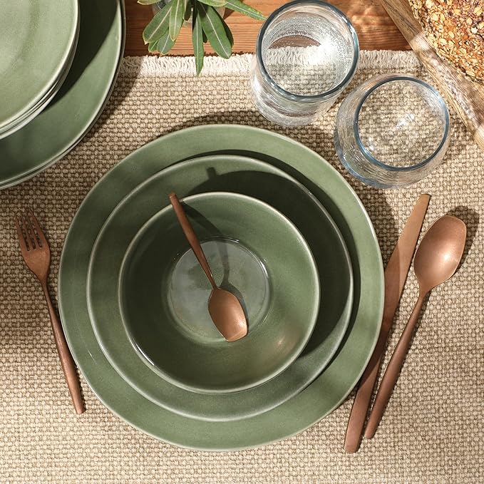 Bloomhouse - Two Time Oprah's Favorite Things Winner - Montecito Breeze 16 Piece (Service for 4) Double Plates and Bowls Stoneware Reactive Glaze Dinnerware Set - Cyprus Green